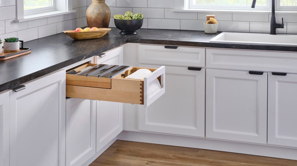 Wood Base Cabinet Paper Towel Tiered Drawer System w/ Foil Cutters and BLUM Soft-Close Wood Base Cabinet Paper Towel Tiered Drawer System w/ Foil Cutters and BLUM Soft-Close