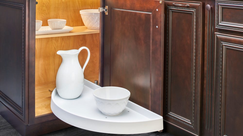 Polymer Half Moon Organizer with Pivot and Slide for Blind Corner Cabinets Polymer Half Moon Organizer with Pivot and Slide for Blind Corner Cabinets